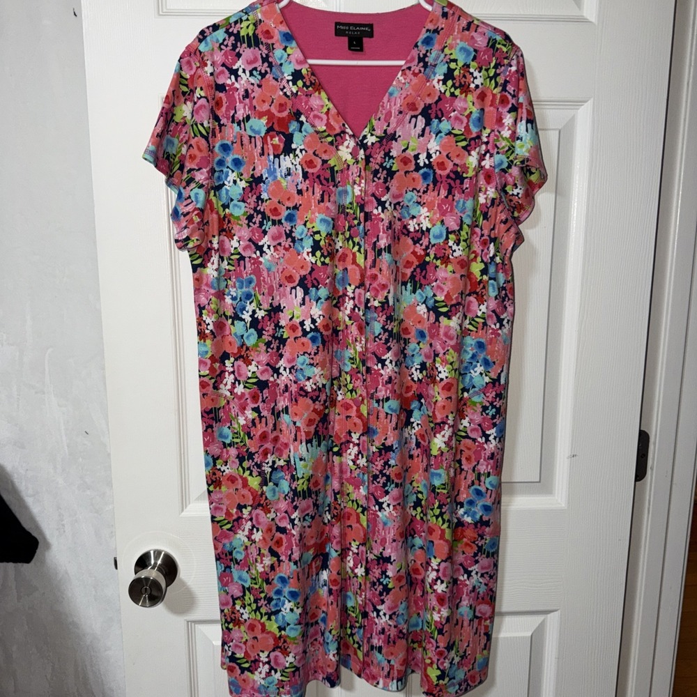 MISS ELAINE Relax House Dress L Nightgown Jersey Floral Snap Pink USA